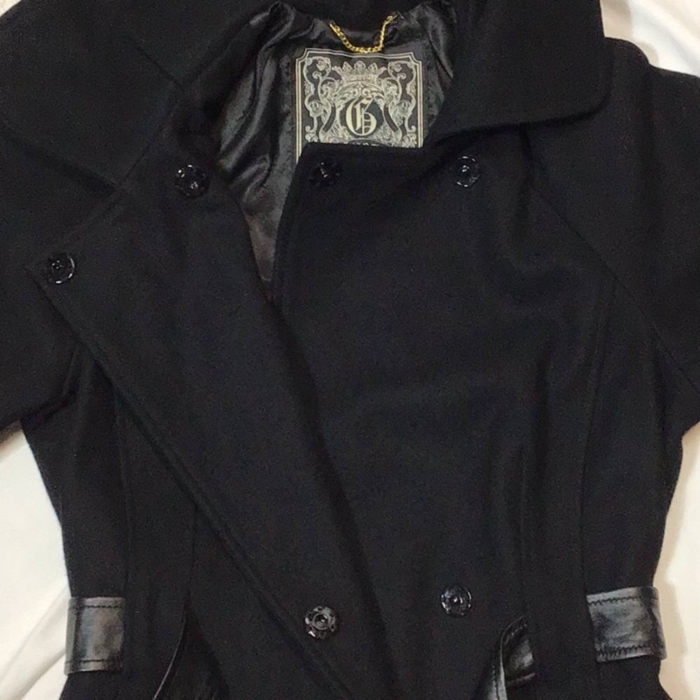 🖤 GUESS Black Wool Blend Leather Belt Snap Front 3-4 Bell Sleeves Sz.S - Picture 10 of 12